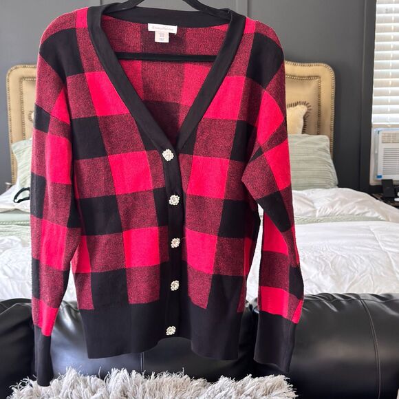 Tommy Bahama Women’s Buffalo Plaid Cardigan Sweater Medium Jeweled Buttons - Picture 2 of 10